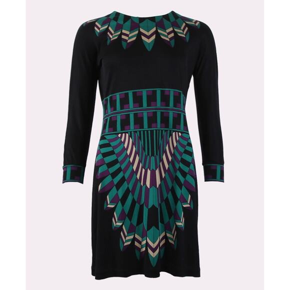 Tory Burch Dresses & Skirts - TORY BURCH 100% silk black green geometric aztec stretch fit flare dress
